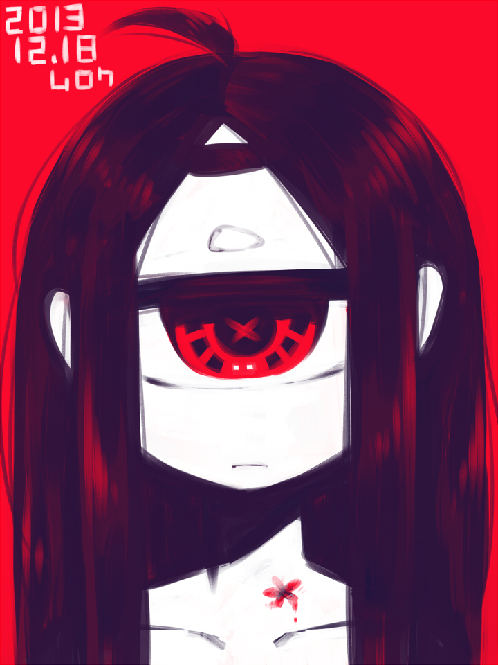 1girl ahoge closed_mouth completely_nude cyclops dated jitome long_hair looking_at_viewer monochrome muku-chan_(muroku) muroku_(aimichiyo0526) nude one-eyed original red_background red_theme signature simple_background solo upper_body x_x