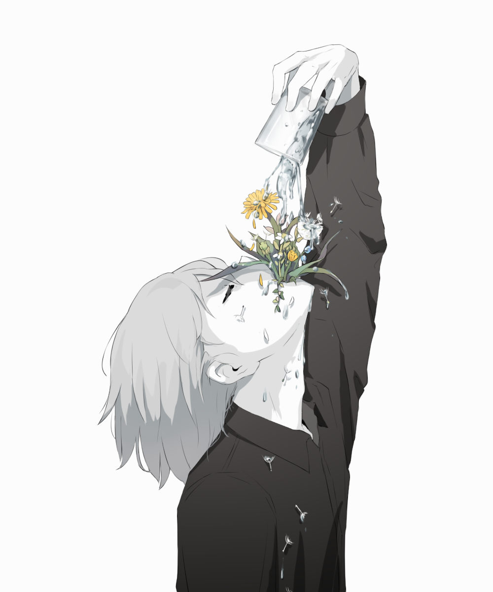 1boy avogado6 black_shirt closed_eyes collared_shirt colored_skin commentary_request cup drinking_glass flower flower_in_mouth flower_request from_side grey_hair highres holding holding_cup male_focus original shirt solo upper_body white_skin wing_collar yellow_flower