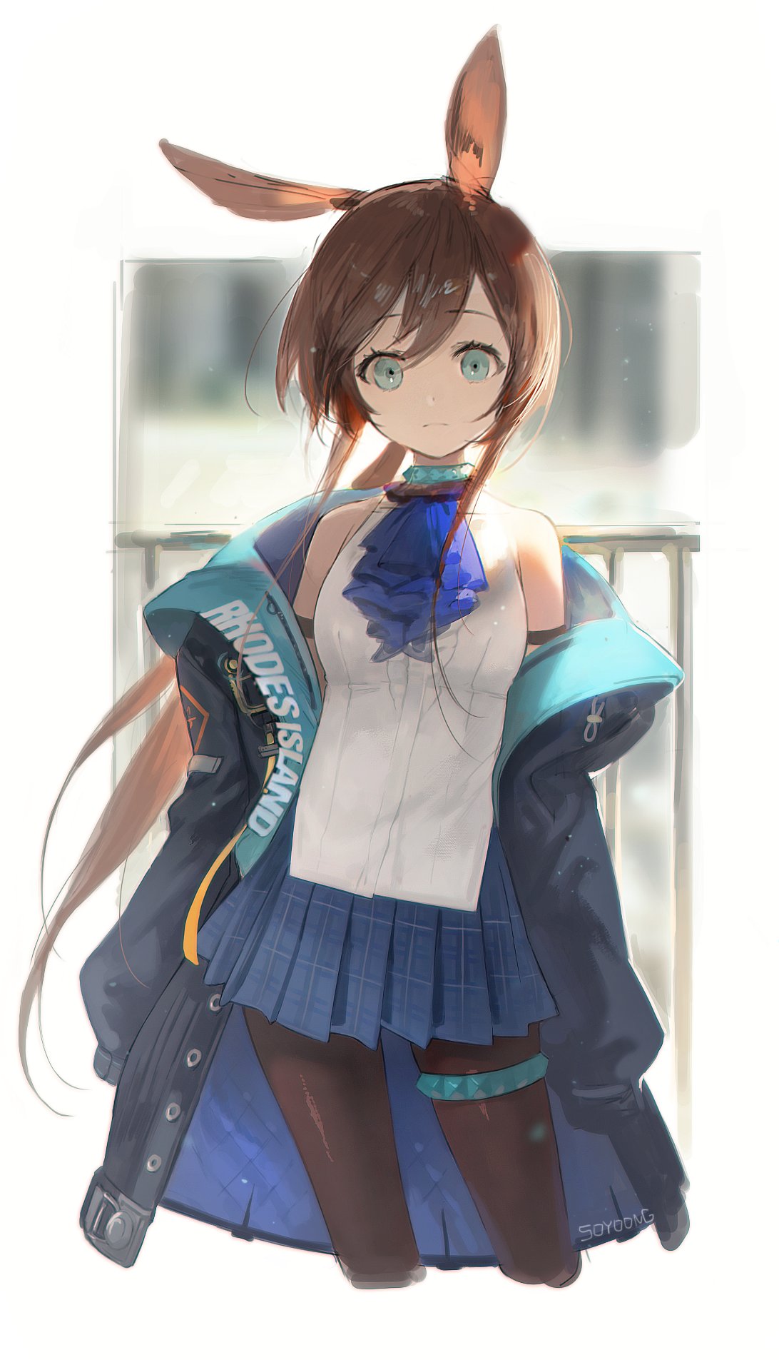 1girl amiya_(arknights) animal_ears arknights arm_strap ascot bare_shoulders black_jacket blue_eyes blue_neckwear blue_skirt brown_hair brown_legwear choker closed_mouth cropped_legs highres jacket long_hair long_sleeves looking_at_viewer low_ponytail miniskirt off_shoulder open_clothes open_jacket pantyhose pleated_skirt rabbit_ears shirt skirt sleeveless sleeveless_shirt solo soyoong_jun thigh_strap white_shirt