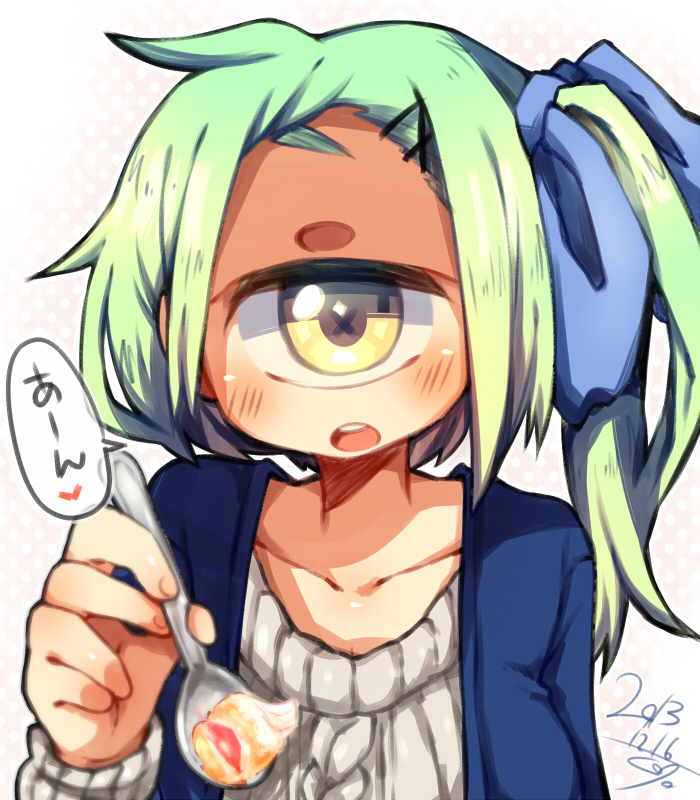1girl aran_sweater blue_bow blue_jacket blush bow cyclops dated green_hair grey_sweater hair_bow hair_ornament hairclip holding holding_spoon incoming_food jacket long_hair looking_at_viewer muroku_(aimichiyo0526) one-eyed one_side_up open_clothes open_jacket open_mouth original round_teeth signature simple_background solo spoon sweater teeth upper_body upper_teeth white_background x_hair_ornament yellow_eyes