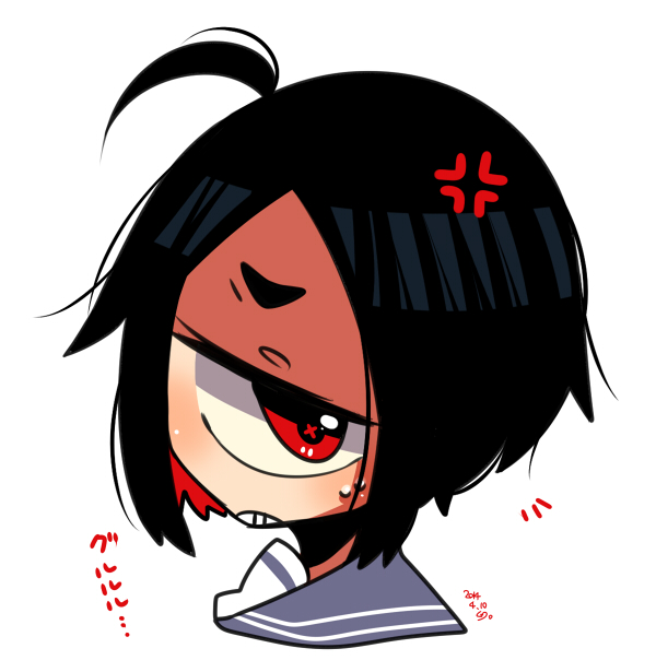 1girl ahoge alternate_hair_length alternate_hairstyle anger_vein black_hair colored_inner_hair cyclops dated grey_sailor_collar head_tilt looking_at_viewer medium_hair muku-chan_(muroku) multicolored_hair muroku_(aimichiyo0526) one-eyed original portrait red_eyes redhead sailor_collar school_uniform serafuku signature simple_background solo sweat translation_request white_background x_x