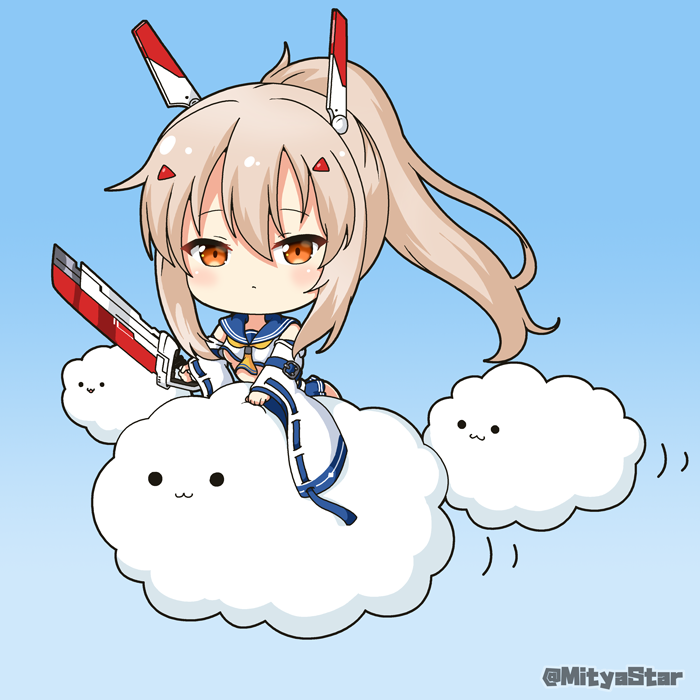 1girl :3 ayanami_(azur_lane) azur_lane bangs blue_background blue_sailor_collar blue_skirt blush brown_eyes chibi closed_mouth clouds commentary_request crop_top detached_sleeves eyebrows_visible_through_hair gradient gradient_background hair_between_eyes hair_ornament hairclip headgear holding holding_sword holding_weapon light_brown_hair long_hair long_sleeves looking_at_viewer midriff miicha pleated_skirt ponytail retrofit_(azur_lane) ribbon-trimmed_sleeves ribbon_trim sailor_collar shirt sidelocks skirt sleeveless sleeveless_shirt sleeves_past_wrists solid_circle_eyes solo sword twitter_username weapon white_shirt white_sleeves wide_sleeves