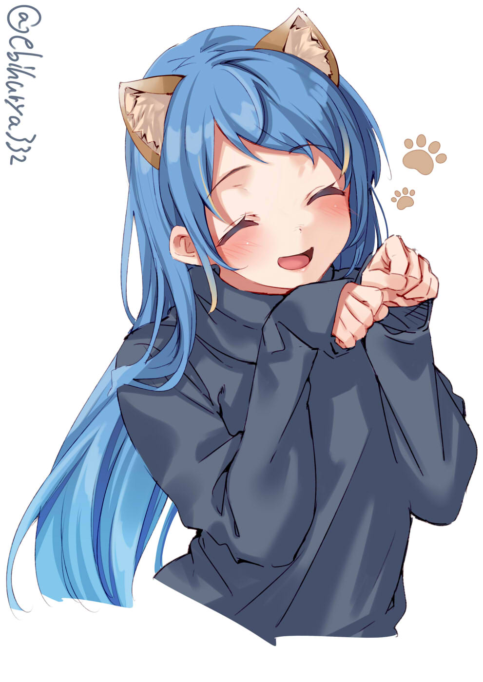 1girl animal_ears black_shirt blue_eyes blue_hair blush cat_ears closed_mouth cropped_torso ebifurya extra_ears eyebrows_visible_through_hair highres kantai_collection long_hair long_sleeves paw_pose paw_print samidare_(kantai_collection) shirt simple_background smile solo symbol_commentary twitter_username very_long_hair white_background