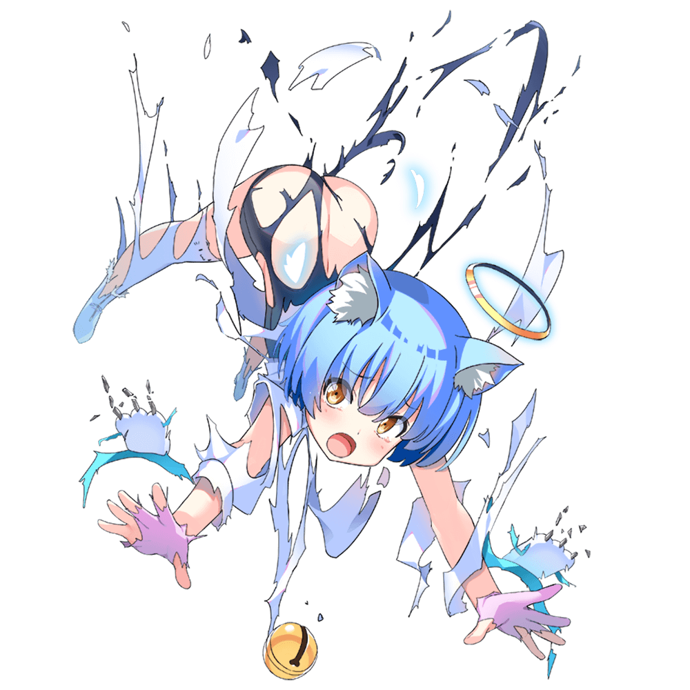 1girl animal_ear_fluff animal_ears bangs bell blue_hair boots cat_ears dennou_tenshi_jibril full_body gloves kuuchuu_yousai looking_at_viewer official_art open_mouth pink_gloves short_hair solo thigh-highs thigh_boots transparent_background white_legwear yellow_eyes