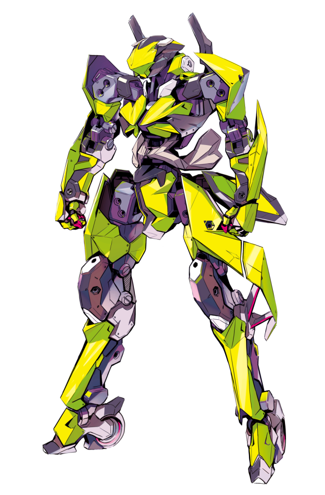 afukuro clenched_hands frame_arms looking_ahead mecha no_eyes no_humans original science_fiction shoulder_cannon solo standing wheel white_background