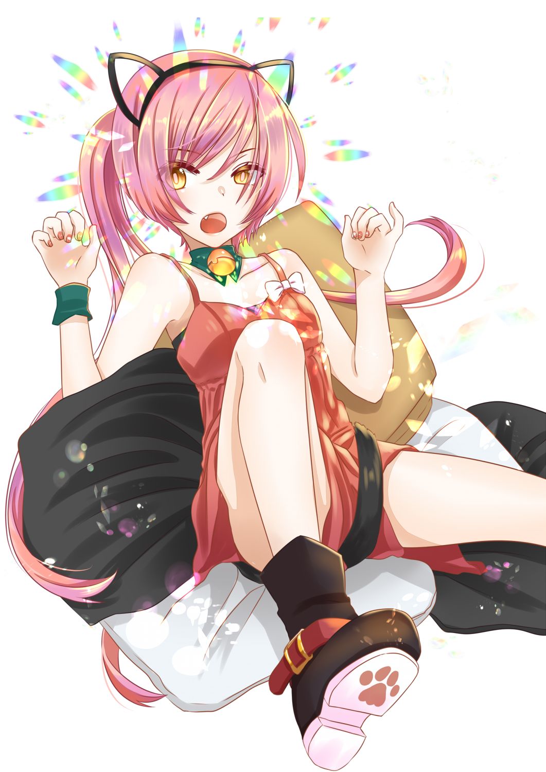 1girl animal_ears boots cat_ears cat_tail character_name commentary cushion dress dress_bow fang full_body hairband highres long_hair looking_at_viewer nekomura_iroha open_mouth paw_pose paw_print pink_hair ponta_(poqpon) rainbow red_dress red_nails refraction sitting solo spaghetti_strap tail vocaloid white_background wristband yellow_eyes