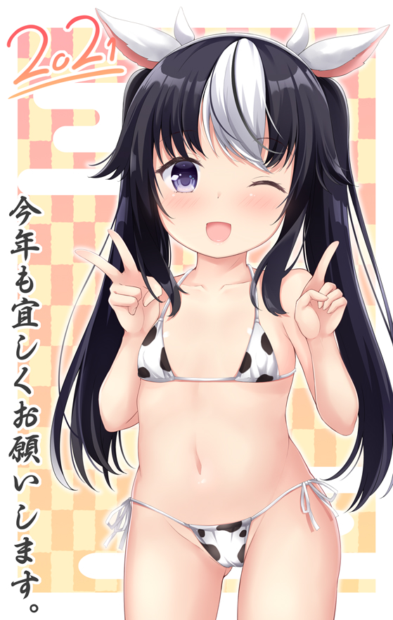 1girl 2021 ;d animal_ears animal_print ass_visible_through_thighs bangs bare_arms bare_shoulders bikini black_hair blush breasts checkered checkered_background chinese_zodiac commentary_request cow_ears cow_girl cow_horns cow_print egasumi eyebrows_visible_through_hair groin hands_up horns long_hair maccha multicolored_hair navel one_eye_closed open_mouth original print_bikini side-tie_bikini small_breasts smile solo standing swimsuit translation_request twintails two-tone_hair v very_long_hair violet_eyes white_bikini white_hair year_of_the_ox