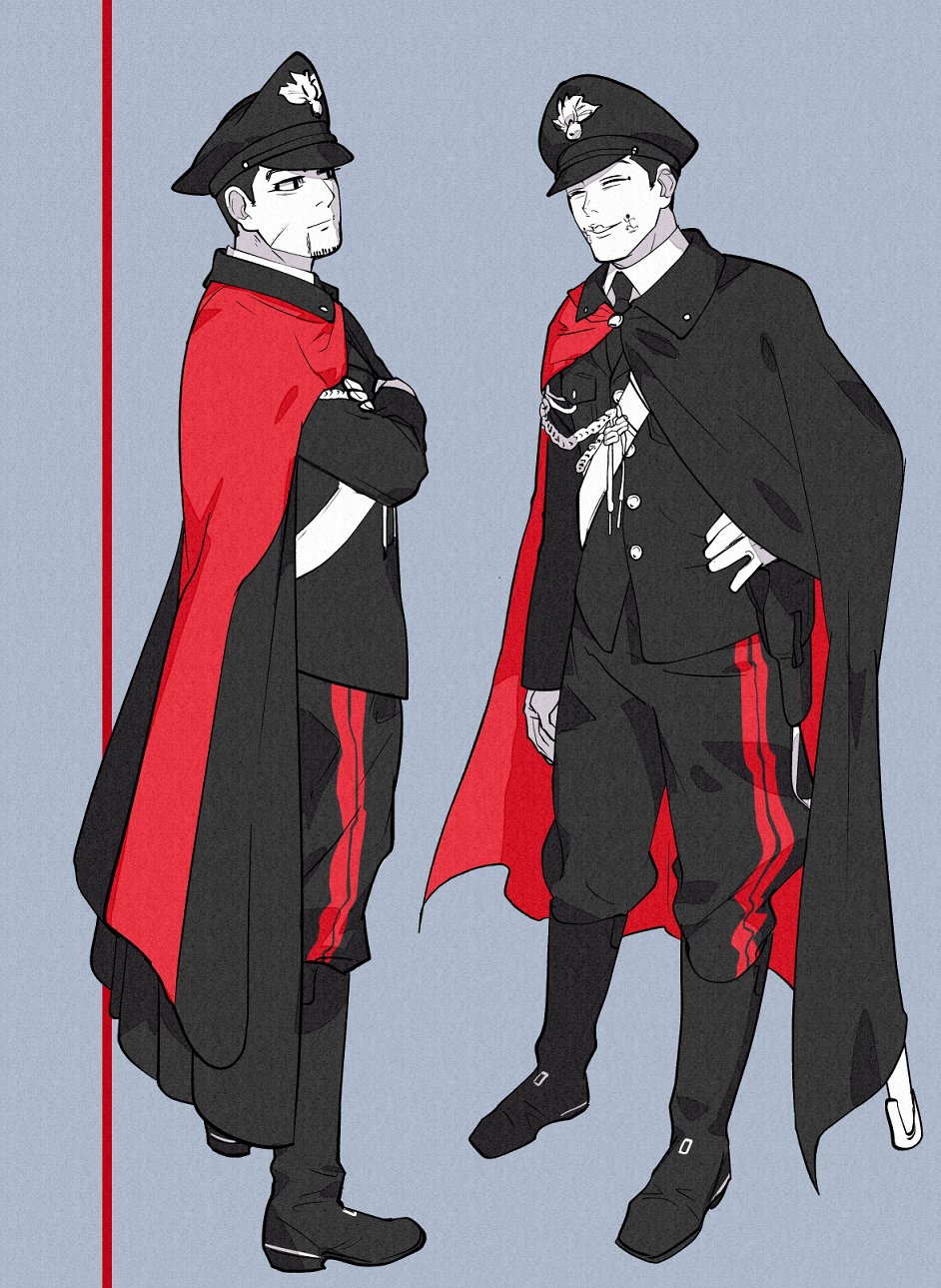 2boys black_cape black_eyes black_flower black_hair black_headwear black_jacket black_neckwear black_pants boots cape character_request closed_eyes closed_mouth collar collared_shirt commentary_request crossed_arms facial_hair flower from_side full_body goatee golden_kamuy grey_background hand_on_hip hat highres holster jacket long_sleeves looking_at_another male_focus military military_hat military_uniform mole mole_on_cheek multiple_boys necktie ogata_hyakunosuke pants parted_lips pocket red_cape sayasaka scar scar_on_cheek scar_on_face sheath shirt short_hair simple_background smile standing two-tone_cape uniform white_shirt
