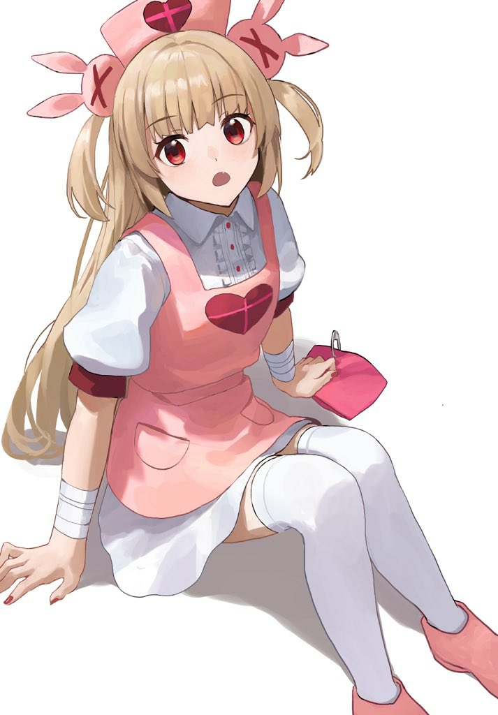 &gt;_&lt; 1girl apron armband armband_removed bandaged_arm bandages bangs bunny_hair_ornament center_frills collared_shirt commentary_request eyebrows_visible_through_hair fang frills hair_ornament hat heart knees_up light_brown_hair long_hair nail_polish natori_sana nurse_cap open_mouth pink_apron pink_footwear pink_headwear puffy_short_sleeves puffy_sleeves red_eyes red_nails safety_pin sana_channel shadow shirt shoes short_sleeves sitting skirt solo suketoudara_(artist) thigh-highs two_side_up very_long_hair virtual_youtuber white_legwear white_shirt white_skirt