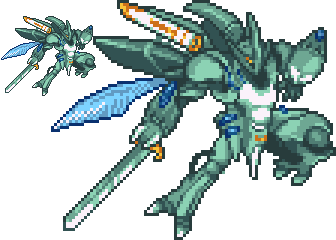 bellvine fantasy flying holding holding_sword holding_weapon insect_wings looking_down lowres mecha no_humans pixel_art seisenshi_dunbine siba._(sibadot) sword weapon white_background wings yellow_eyes zoom_layer