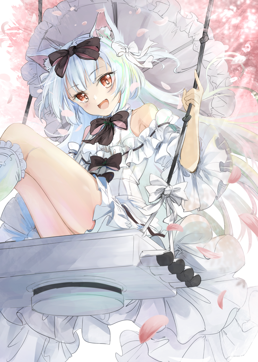 1girl animal_ear_fluff animal_ears animal_themed_umbrella azur_lane black_bow boots bow cat_ears center_frills cherry_blossoms dress dress_bow eyebrows_visible_through_hair fang frilled_boots frilled_dress frilled_umbrella frills from_below hair_bow highres holding holding_umbrella koroneko_p0w0q long_hair looking_at_viewer looking_down looking_up off-shoulder_dress off_shoulder orange_eyes outdoors parasol silver_hair solo swing thighs torpedo_tubes two_side_up umbrella white_bow white_dress white_footwear white_hair white_umbrella yukikaze_(azur_lane) yukikaze_(swings-sama)_(azur_lane)