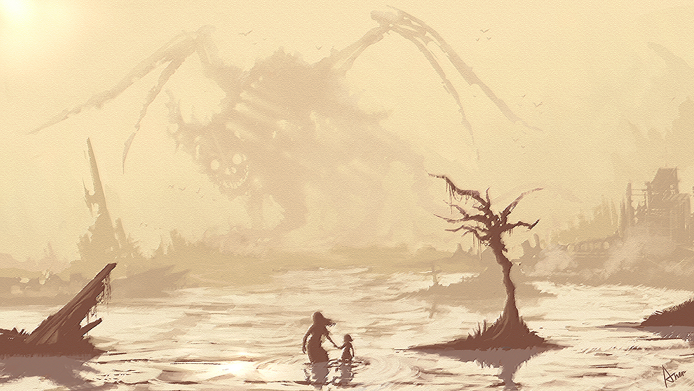 2girls aner_(qqan00) bare_tree bone cross dragon film_grain grass holding holding_hands light_rays long_hair monochrome monster multiple_girls original reflection scenery short_hair signature silhouette size_difference skeletal_wings skeleton sun tombstone tree wading water wetland wings