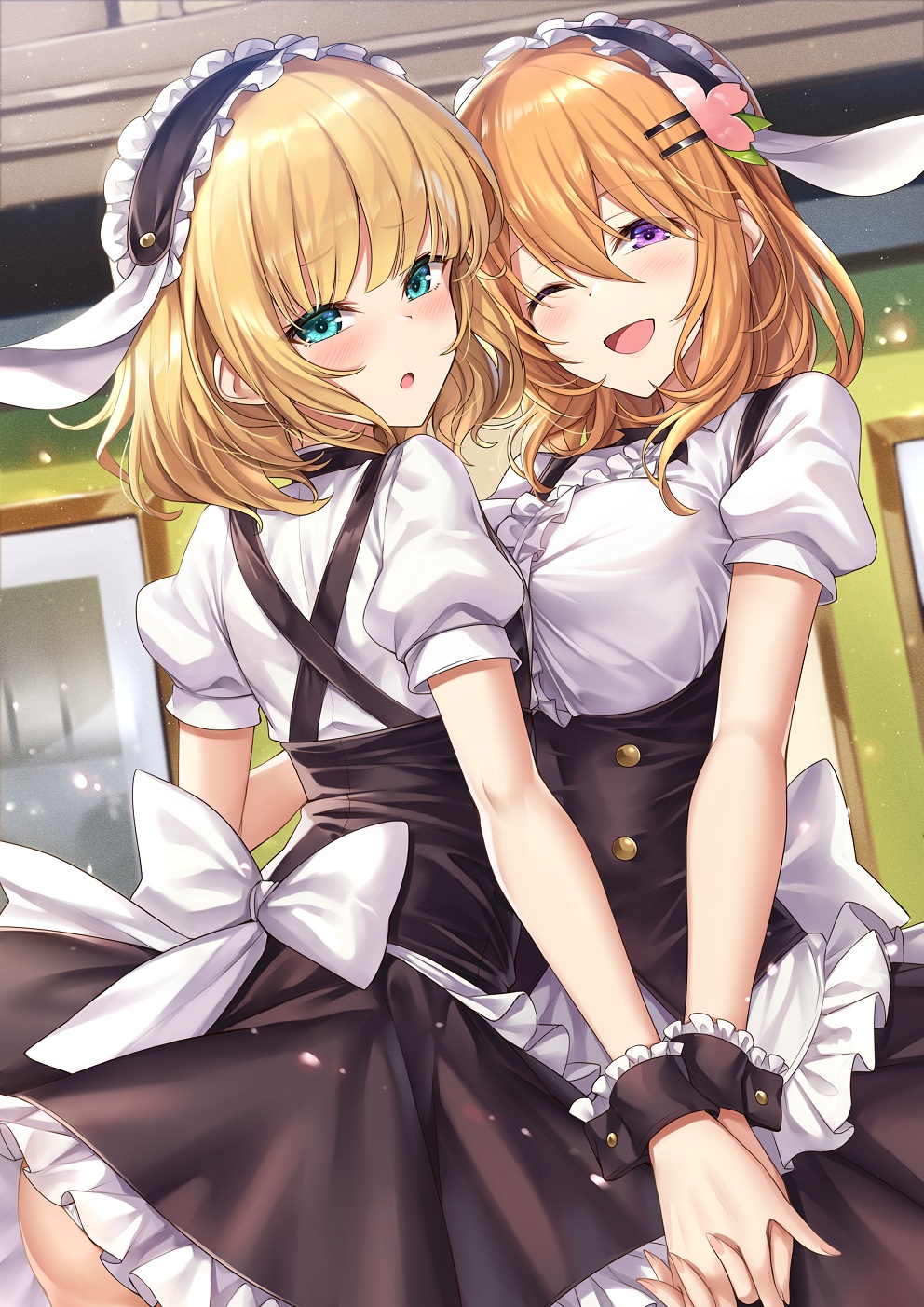 2girls :d animal_ears apron bangs blonde_hair blunt_bangs breasts eyebrows_visible_through_hair facing_away facing_viewer fleur_de_lapin_uniform frills gochuumon_wa_usagi_desu_ka? green_eyes hair_between_eyes hair_ornament hairband hairclip highres holding_hands hoto_cocoa kirima_sharo ks_(xephyrks) large_breasts long_hair looking_at_viewer maid_headdress multiple_girls one_eye_closed open_mouth orange_hair rabbit_ears shirt short_hair short_sleeves skirt small_breasts smile violet_eyes waitress wrist_cuffs