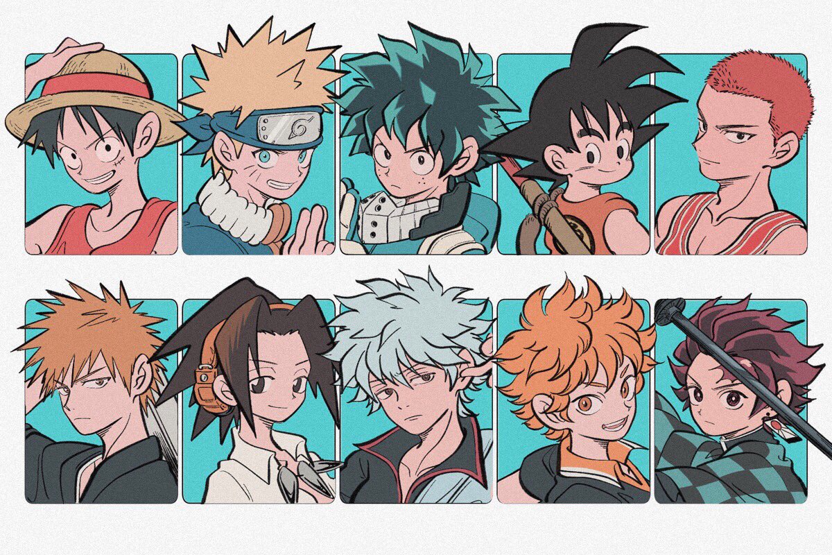 6+boys aqua_background asakura_you black_eyes black_hair bleach blonde_hair blue_eyes boku_no_hero_academia brown_eyes collared_shirt dragon_ball dragon_ball_(classic) finger_in_ear gintama green_hair grey_hair haikyuu!! headband hinata_shouyou jewelry kamado_tanjirou kimetsu_no_yaiba kurosaki_ichigo looking_at_viewer male_focus midoriya_izuku monkey_d._luffy multiple_boys naruto_(series) necklace one_piece orange_eyes orange_hair parted_lips red_shirt redhead sakata_gintoki sakuragi_hanamichi scar_on_forehead shaman_king shirt short_hair slam_dunk smile son_goku sword tank_top uzumaki_naruto uzuta weapon white_shirt