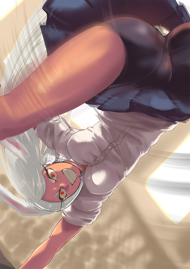 1girl animal_ears ass attack bare_arms bare_legs bike_shorts boku_no_hero_academia breasts bunny_tail crowd dark_skin dark-skinned_female dutch_angle evil_eyes evil_grin evil_smile grin handstand incoming_attack jas_(kda10457) long_hair looking_at_viewer medium_breasts miniskirt mirko motion_blur pleated_skirt rabbit_ears rabbit_girl red_eyes shirt short_sleeves shorts shorts_under_skirt silhouette skindentation skirt smile solo spinning_bird_kick tail teeth unaligned_breasts upside-down v-shaped_eyebrows white_hair white_shirt