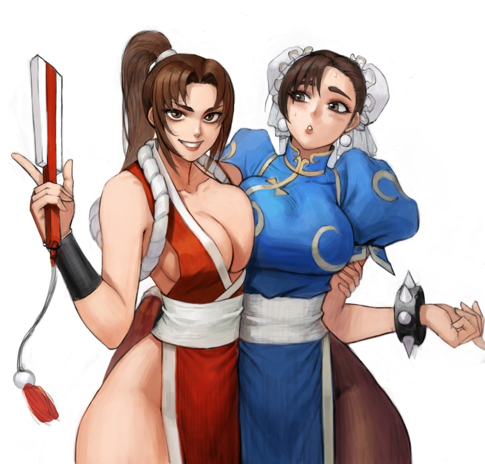 2girls bangs bare_legs bare_shoulders black_hair bracelet breast_press breasts brown_eyes brown_hair carcass_(artist) china_dress chinese_clothes chun-li double_bun dress earrings fan fatal_fury holding holding_fan japanese_clothes jewelry large_breasts long_hair multiple_girls ninja no_bra open_mouth pantyhose pelvic_curtain ponytail rope sash shiranui_mai sideboob smile spiked_bracelet spikes street_fighter the_king_of_fighters thighs tied_hair white_sash