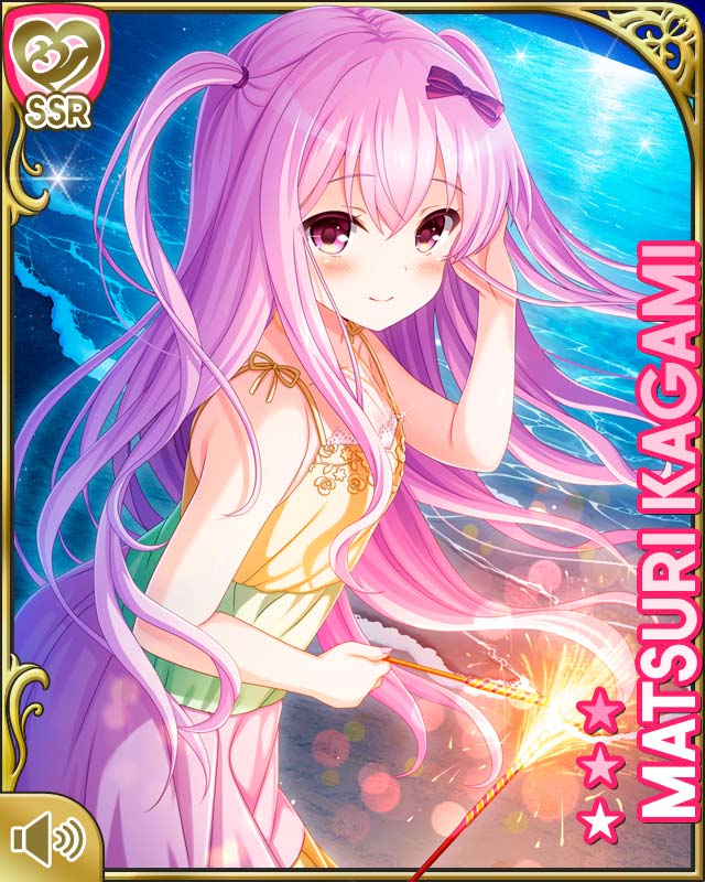 1girl arm_up beach blush bow character_name dress fireworks girlfriend_(kari) hair_bow hand_in_hair kagami_matsuri long_hair looking_at_viewer multicolored multicolored_clothes multicolored_dress night ocean official_art pink_eyes pink_hair qp:flapper ribbon smile solo sparkler sundress two_side_up upper_body wind