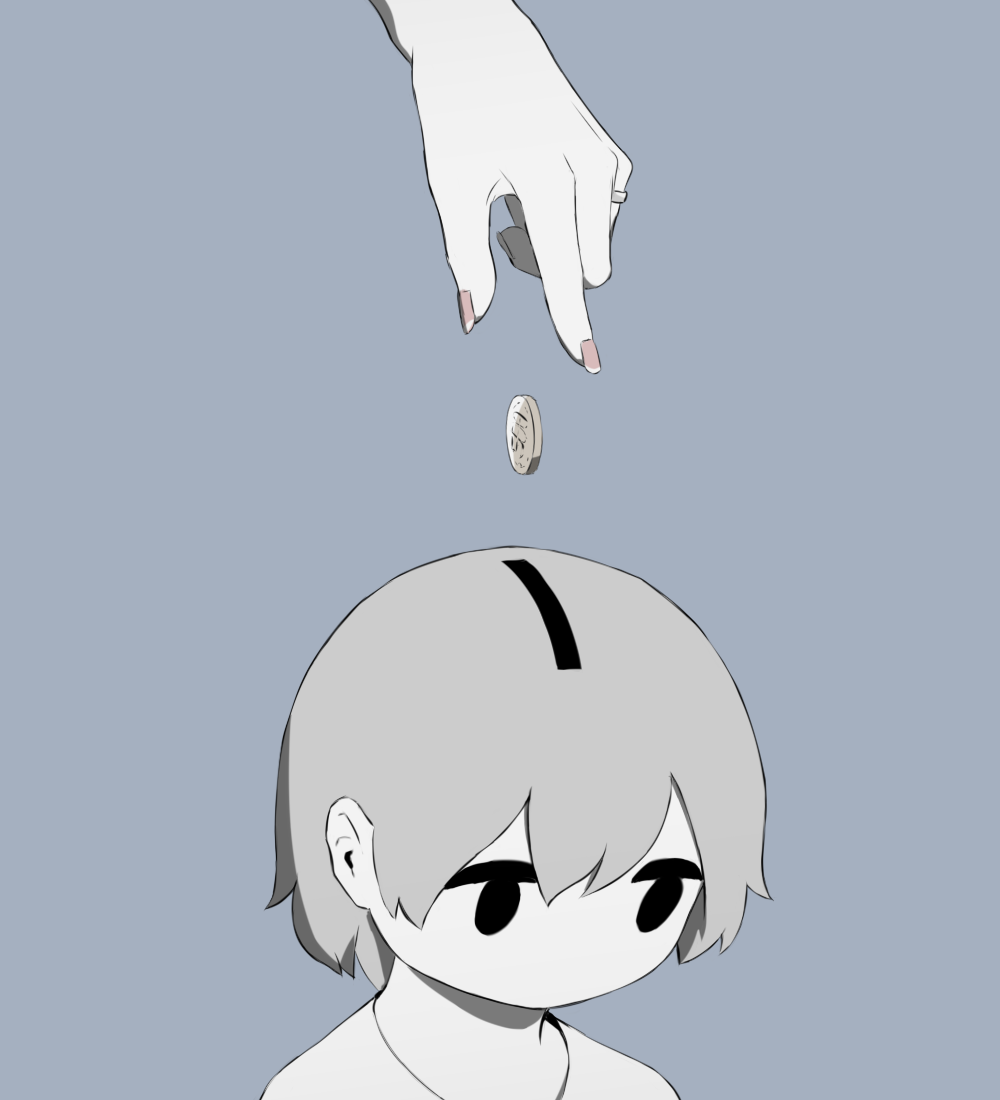 1boy 1girl avogado6 black_eyes coin commentary_request fingernails grey_background grey_hair jewelry jitome male_focus money nail_polish original piggy_bank red_nails ring short_hair simple_background solo_focus wedding_band