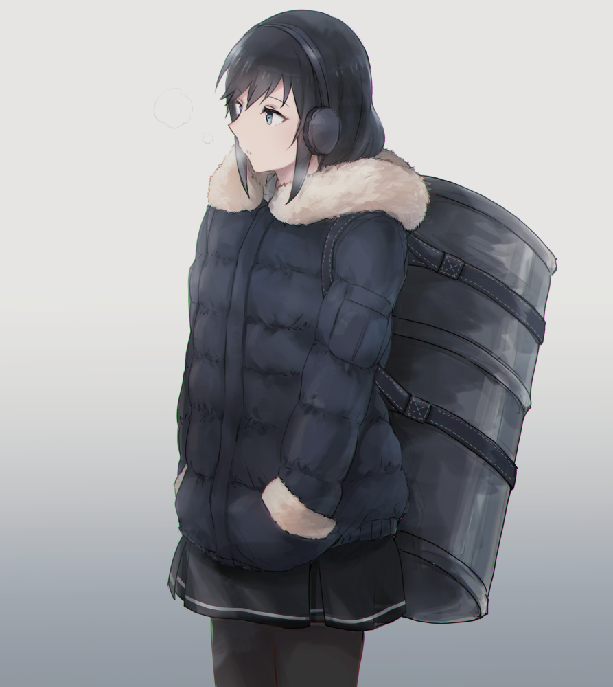 1girl asashio_(kantai_collection) barrel black_dress black_hair black_legwear blue_eyes blue_jacket breath dress earmuffs fur-trimmed_jacket fur_trim gradient gradient_background hands_in_pockets jacket kantai_collection long_hair long_sleeves pantyhose pinafore_dress remodel_(kantai_collection) satsumi simple_background solo