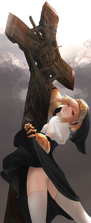 1girl blonde_hair check_copyright clouds cloudy_sky copyright_request cross gauntlets grey_sky lifted_by_self medium_hair nun outdoors oversized_object parted_lips queen's_blade red_eyes savuxan sigui_(queen's_blade) sky solo thigh-highs white_legwear