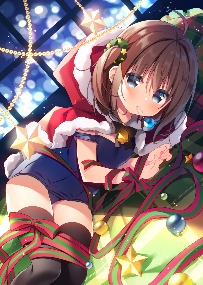 1girl ahoge bangs bell black_bow black_legwear blue_eyes blue_swimsuit blush bound bow brown_hair capelet christmas_ornaments closed_mouth dutch_angle eyebrows_visible_through_hair fur-trimmed_capelet fur-trimmed_hood fur_trim hair_between_eyes hanamiya_natsuka hands_up hood hood_down hooded_capelet lying mouth_hold old_school_swimsuit on_side one-piece_swimsuit one_side_up original plaid red_capelet ribbon ribbon_bondage school_swimsuit solo star_(symbol) strap_slip swimsuit thigh-highs window