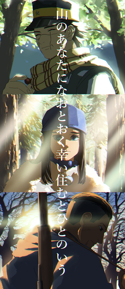 0109_(artist) 1girl 2boys ainu ainu_clothes arisaka asirpa bandana black_eyes black_hair black_headwear blue_bandana blue_coat blue_eyes bolt_action cape closed_eyes closed_mouth coat commentary_request day facial_hair forest from_side fur fur_cape golden_kamuy gun hair_slicked_back hair_strand hat holding imperial_japanese_army kepi light long_hair looking_at_viewer looking_down military military_hat military_uniform multiple_boys nature ogata_hyakunosuke outdoors rifle scar scar_on_cheek scar_on_face scar_on_mouth scar_on_nose scarf shaded_face short_hair sidelocks smile standing star_(symbol) stubble sugimoto_saichi translation_request tree two-tone_headwear undercut uniform upper_body weapon weapon_on_back yellow_headwear yellow_scarf