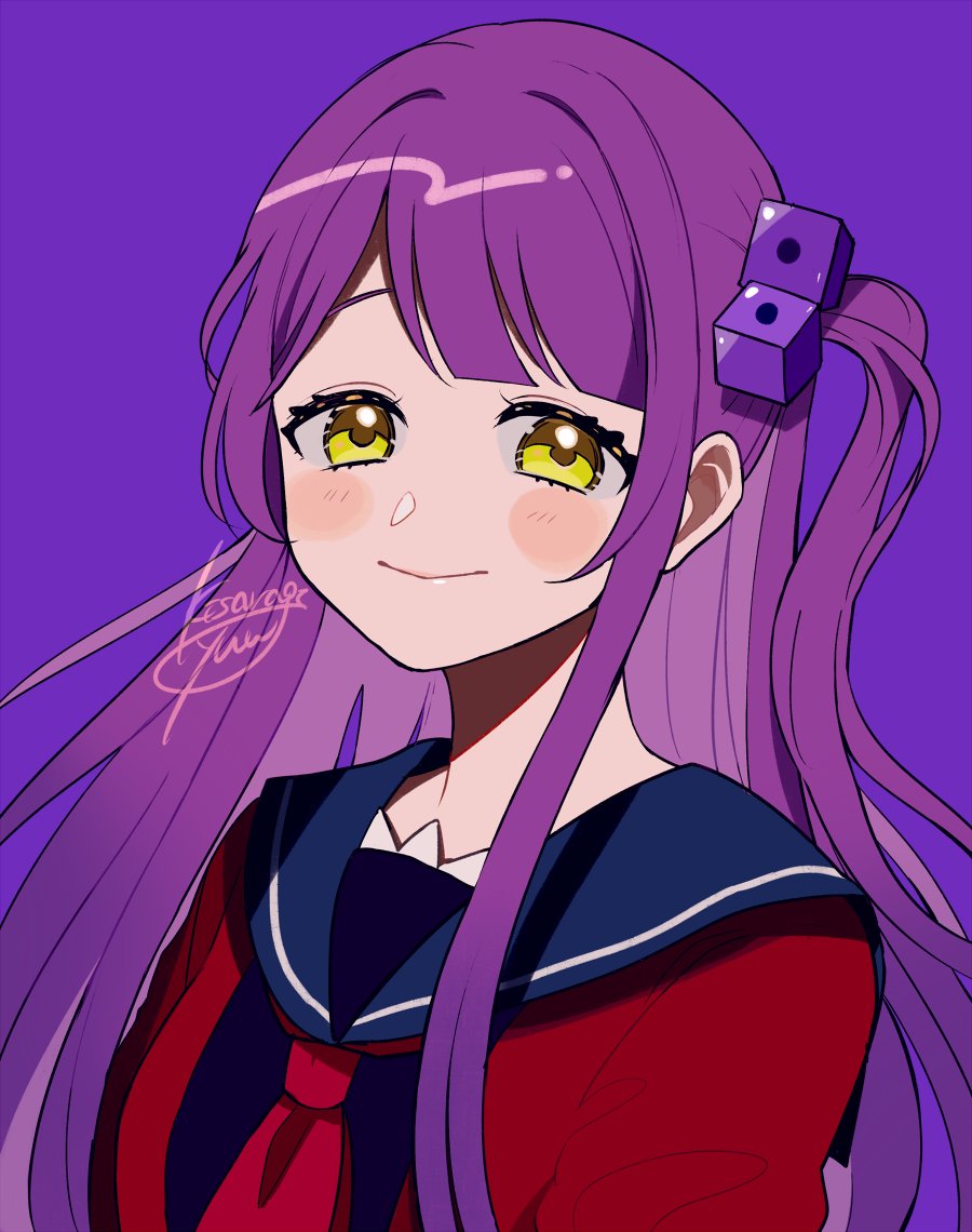 bangs blue_sailor_collar blunt_bangs blush commentary_request dice_hair_ornament dice_psycho earrings hair_ornament jewelry kisaragi_yuu_(fallen_sky) long_hair looking_at_viewer neckerchief purple_background purple_hair red_neckwear red_shirt saiko_muscari sailor_collar shirt side_ponytail simple_background smile upper_body