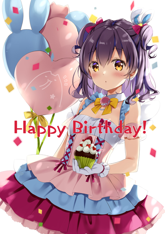 1girl balloon bangs bare_shoulders black_hair blush bow breasts brown_eyes commentary_request confetti cupcake dress eyebrows_visible_through_hair food fruit gloves hair_between_eyes hair_bow happy_birthday hibiki_ao hibiki_ao_(channel) holding holding_food layered_dress long_hair looking_at_viewer natsume_eri parted_lips pink_dress pleated_dress red_bow simple_background small_breasts solo strawberry two_side_up virtual_youtuber white_background white_gloves yellow_bow