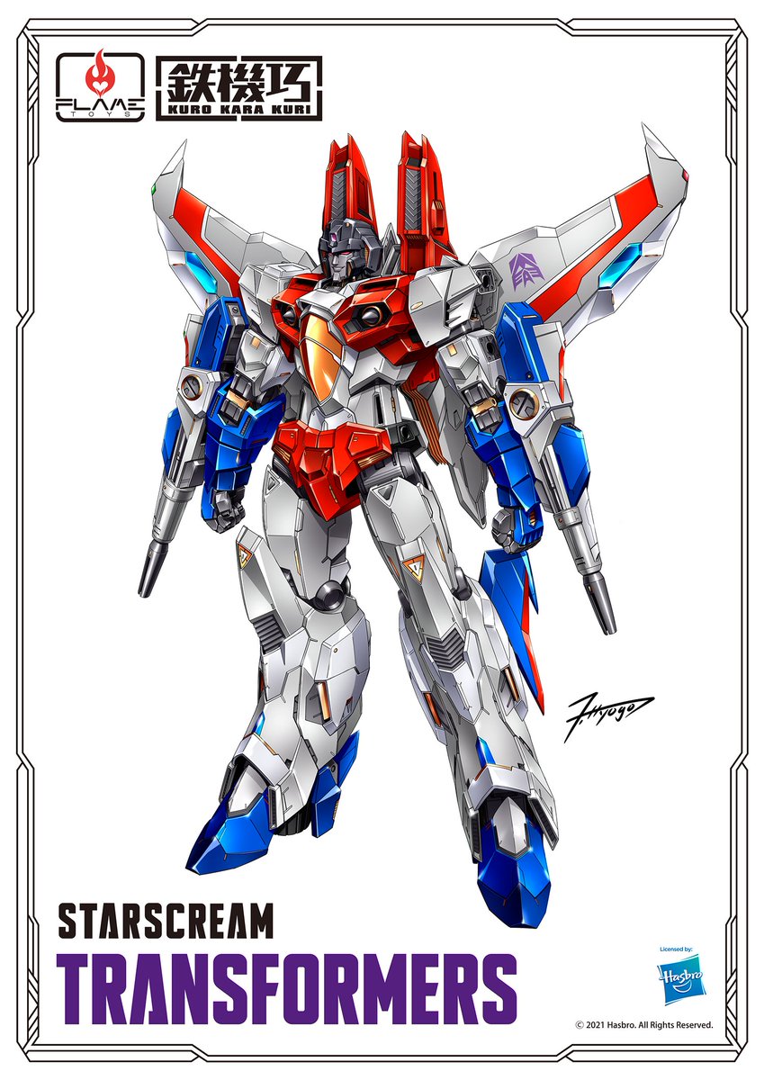 airplane_wing arm_cannon artist_request clenched_hands copyright_name decepticon english_commentary flame_toys hasbro highres logo mecha no_humans official_art red_eyes signature smile solo standing starscream transformers weapon