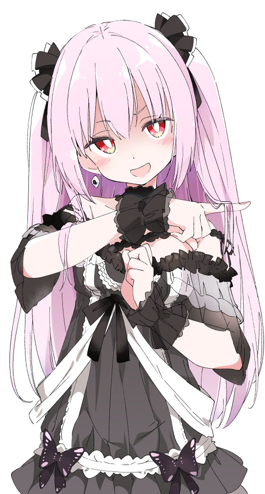 1girl black_dress dress earrings hololive ixy jewelry long_hair looking_at_viewer open_mouth pink_hair red_eyes simple_background smile solo uruha_rushia virtual_youtuber white_background wrist_cuffs