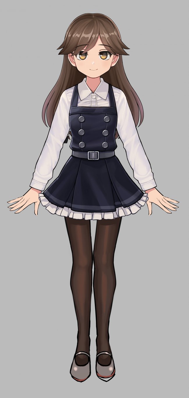 1girl arashio_(kantai_collection) black_legwear brown_eyes brown_hair commentary_request dress frilled_dress frills full_body grey_background highres kantai_collection long_hair long_sleeves looking_at_viewer mizuki_kyou pantyhose pinafore_dress remodel_(kantai_collection) shirt simple_background solo standing white_shirt