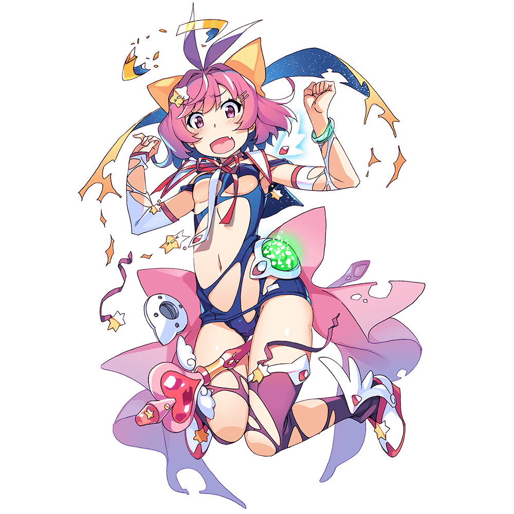 1girl antenna_hair bangs between_legs blue_swimsuit breasts dennou_tenshi_jibril detached_sleeves fang full_body hair_ornament halo hexagram knees_together_feet_apart navel official_art open_mouth purple_hair purple_legwear school_swimsuit short_hair skin_fang solo star_(symbol) star_hair_ornament star_of_david swimsuit thigh-highs torn_clothes transparent_background violet_eyes wand