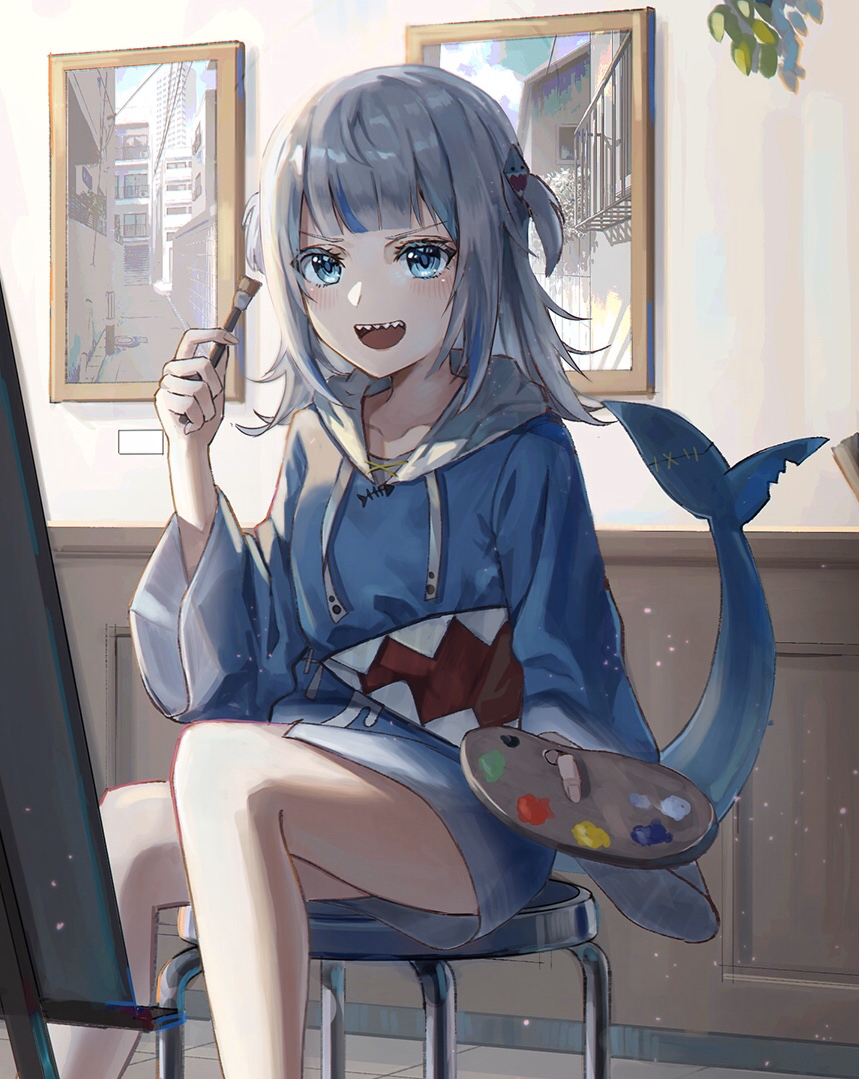 1girl blue_eyes blue_hair blue_hoodie blush canvas_(object) collarbone cropped fingerless_gloves fish_tail gawr_gura gloves grey_hair holding holding_brush holding_paintbrush hololive hololive_english hood hood_down hoodie im_catfood indoors light_particles long_hair multicolored multicolored_hair open_mouth paint paintbrush painting_(object) palette plant shark_girl shark_tail sharp_teeth sitting smile solo stitches stool streaked_hair tail teeth thighs upper_teeth virtual_youtuber wide_sleeves zipper_pull_tab