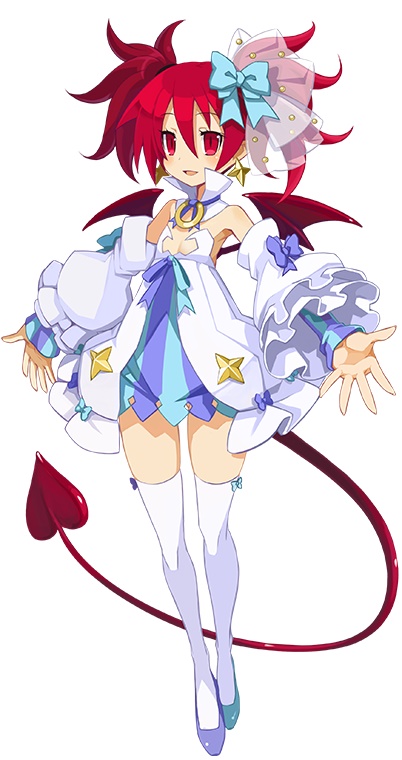 1girl alternate_costume bangs blue_footwear bow demon_girl demon_tail demon_wings detached_collar detached_sleeves disgaea disgaea_rpg dress earrings etna flat_chest full_body hair_bow jewelry layered_sleeves long_hair mismatched_footwear official_art open_mouth popped_collar red_eyes redhead short_dress simple_background slit_pupils solo strapless strapless_dress tail thigh-highs twintails white_background white_legwear wings