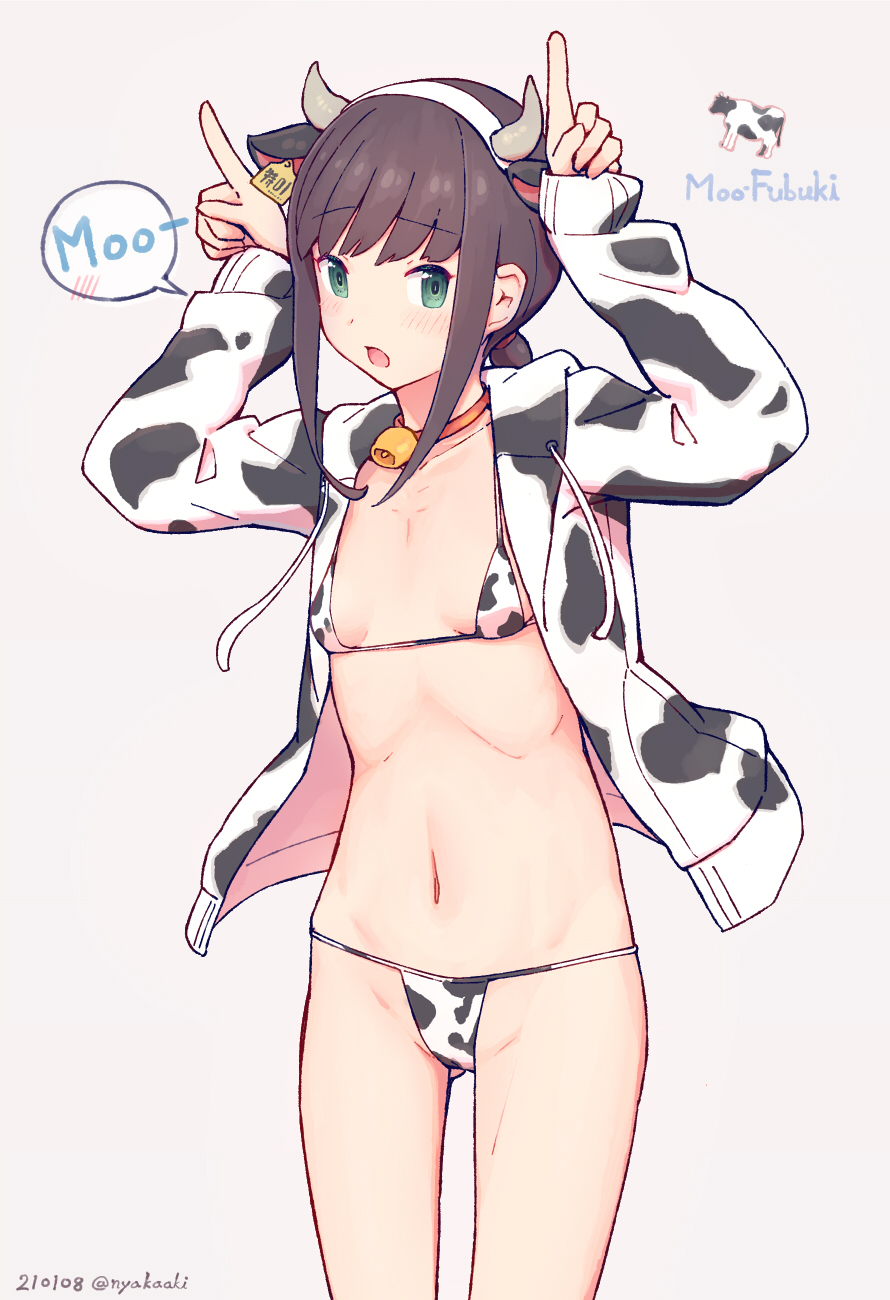 1girl animal_ears animal_print bell bikini black_hair breasts character_name commentary_request cow_ears cow_horns cow_print cowboy_shot fake_animal_ears fake_horns fubuki_(kantai_collection) green_eyes grey_background highres hood hooded_jacket hoodie horns index_fingers_raised jacket kantai_collection long_hair low_ponytail micro_bikini nakaaki_masashi open_clothes open_jacket ponytail short_ponytail sidelocks simple_background small_breasts solo standing swimsuit white_jacket