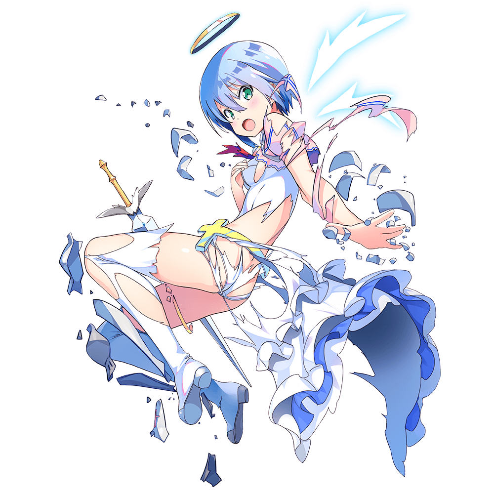 1girl bangs blue_hair boots dennou_tenshi_jibril detached_wings full_body green_eyes halo kuuchuu_yousai official_art open_mouth short_hair solo sword thigh-highs thigh_boots torn_clothes transparent_background weapon white_footwear white_wings wings
