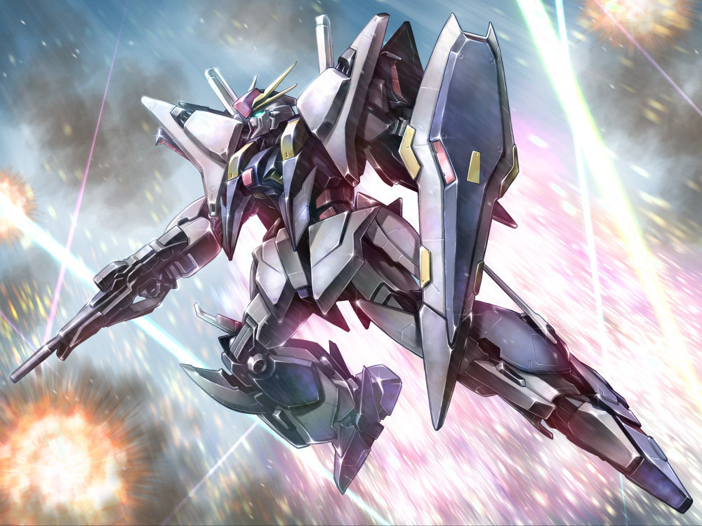 beam_rifle energy_gun explosion flying glowing glowing_eyes green_eyes gun gundam gundam_hathaway's_flash holding holding_gun holding_weapon looking_up mecha no_humans science_fiction shield solo studiozombie v-fin weapon xi_gundam