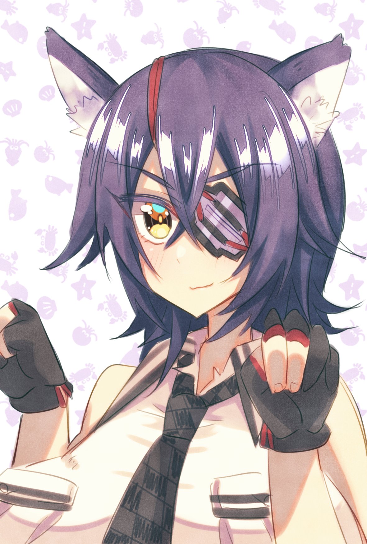 1girl :3 animal_ear_fluff animal_ears black_gloves black_neckwear cat_day cat_ears checkered checkered_neckwear eyebrows eyebrows_visible_through_hair eyepatch fingerless_gloves fluff gloves highres kantai_collection medium_hair necktie one-eyed purple_hair shirt sleeveless sleeveless_shirt smile tenryuu_(kantai_collection) upper_body white_shirt yellow_eyes yuudadou