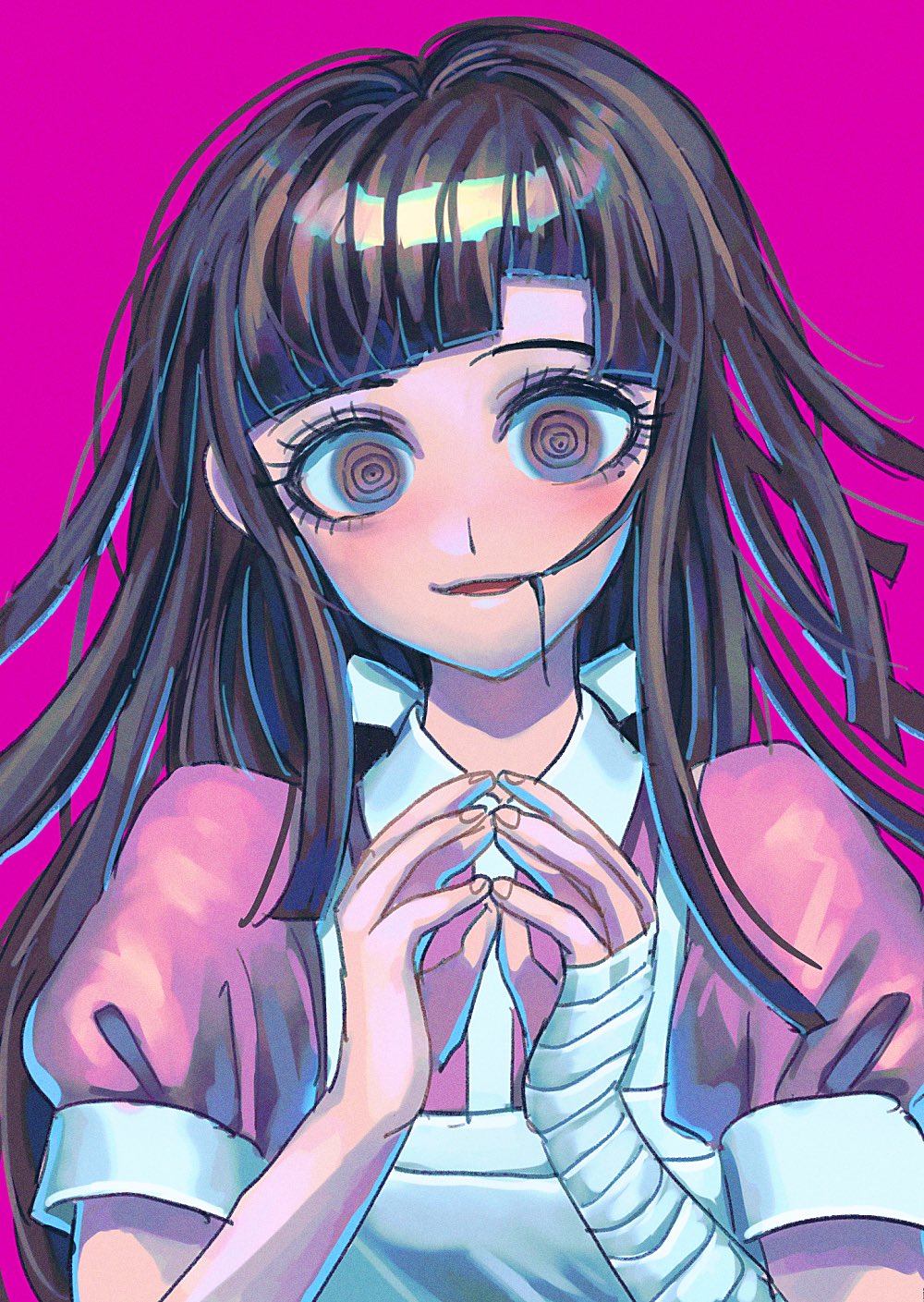 1girl apron bandaged_arm bandages bangs black_hair blunt_bangs blush collared_shirt crazy_eyes dangan_ronpa_(series) dangan_ronpa_2:_goodbye_despair fingers_together hair_in_mouth hands_up highres long_hair looking_at_viewer mole mole_under_eye open_mouth pink_background pink_shirt puffy_short_sleeves puffy_sleeves purple_hair shiny shiny_hair shirt short_sleeves simple_background smile solo symbol_commentary tei_(auntaso) tsumiki_mikan upper_body white_apron