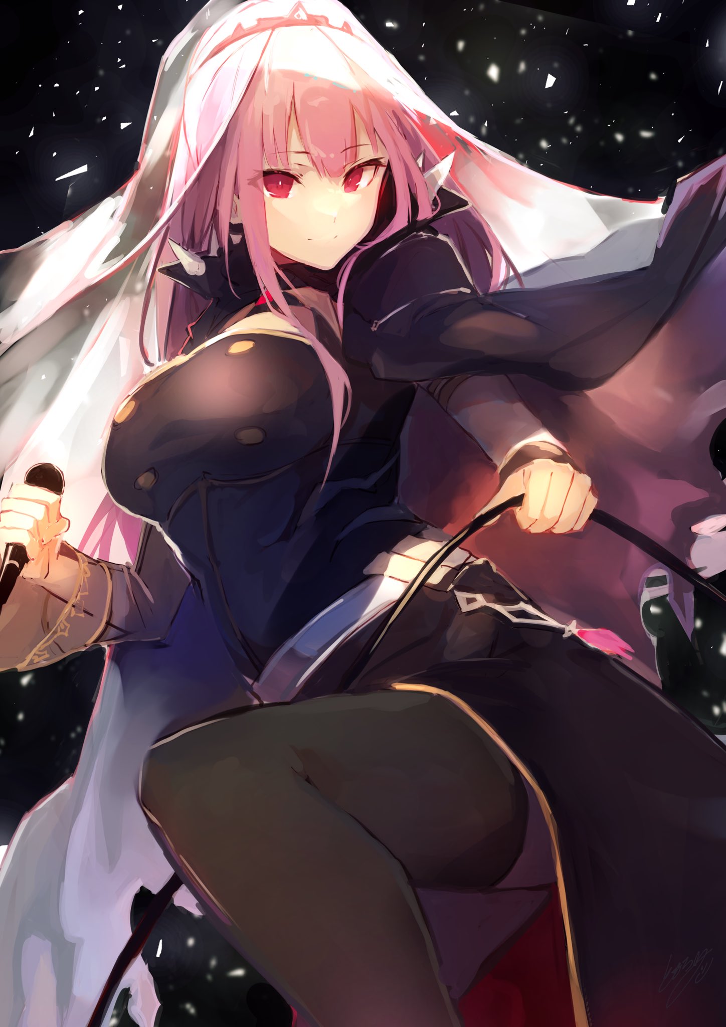 1girl bangs belt breasts cable cape eyebrows_visible_through_hair highres holding holding_cable holding_microphone hololive hololive_english large_breasts long_hair looking_at_viewer microphone mori_calliope pink_hair red_eyes smile solo spikes thigh-highs tiara tomocha_(tmc_tmc8) veil virtual_youtuber white_belt