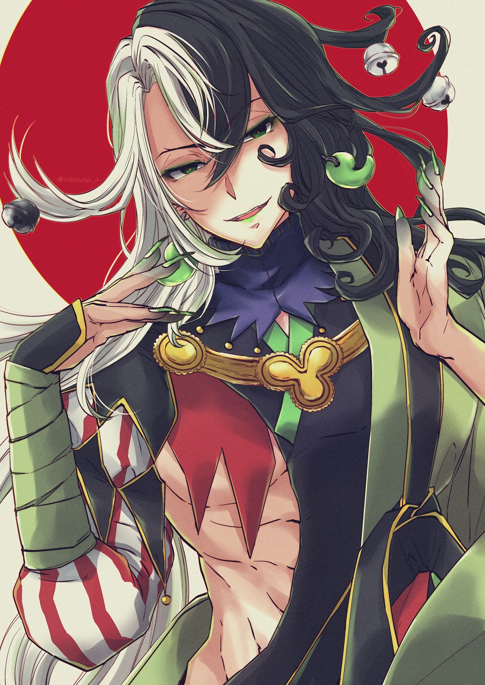 1boy ashiya_douman_(fate) asymmetrical_clothes asymmetrical_hair bell black_eyes black_hair curly_hair earrings fate/grand_order fate_(series) fingernails green_eyeshadow green_kimono green_lipstick green_nails hair_bell hair_between_eyes hair_intakes hair_ornament head_tilt highres japanese_clothes jewelry kimono leaning_to_the_side lipstick long_hair magatama magatama_earrings makeup male_focus mkm_(mikasaya_a) multicolored_hair open_clothes open_kimono open_mouth pectorals ribbed_sleeves sharp_fingernails smile smug solo toned toned_male two-tone_hair upper_body very_long_fingernails very_long_hair white_hair