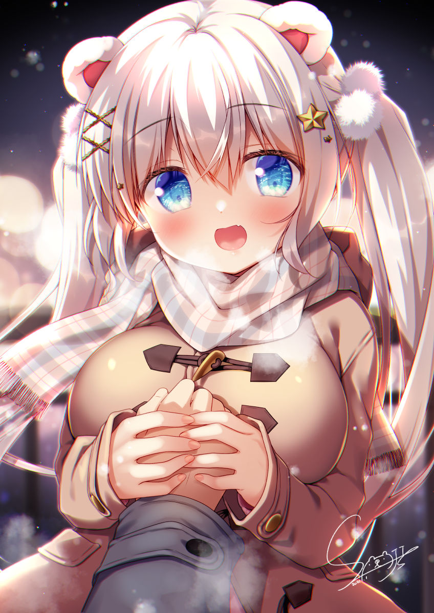 1girl :d animal_ears bangs bear_ears blue_eyes blurry blush bokeh breasts breath chromatic_aberration coat commentary depth_of_field eyebrows_visible_through_hair fang hair_between_eyes hair_bobbles hair_ornament hairclip holding_hands large_breasts long_hair long_sleeves looking_at_viewer open_mouth original plaid plaid_scarf pov pov_hands sasai_saji scarf signature smile solo_focus star_(symbol) star_hair_ornament twintails white_hair winter winter_clothes x_hair_ornament