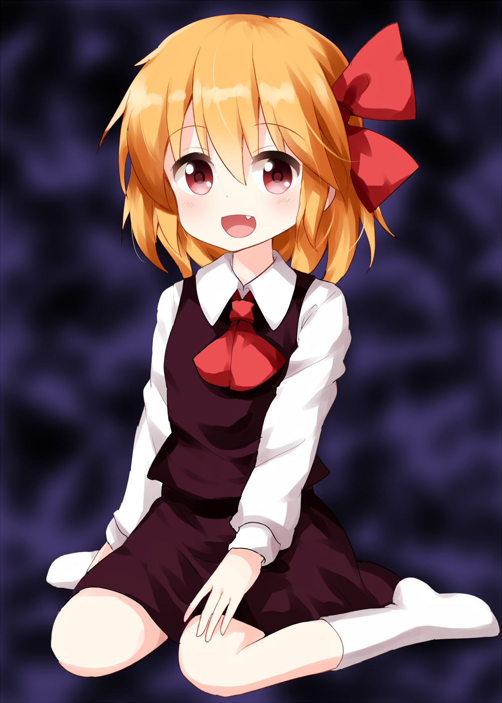 1girl ascot bangs black_skirt black_vest blonde_hair collared_shirt dark_background eyebrows_visible_through_hair fang full_body hair_ribbon highres long_sleeves looking_at_viewer open_mouth red_eyes red_neckwear red_ribbon ribbon rumia ruu_(tksymkw) shirt short_hair sitting skirt skirt_set smile socks solo touhou vest wariza white_legwear white_shirt