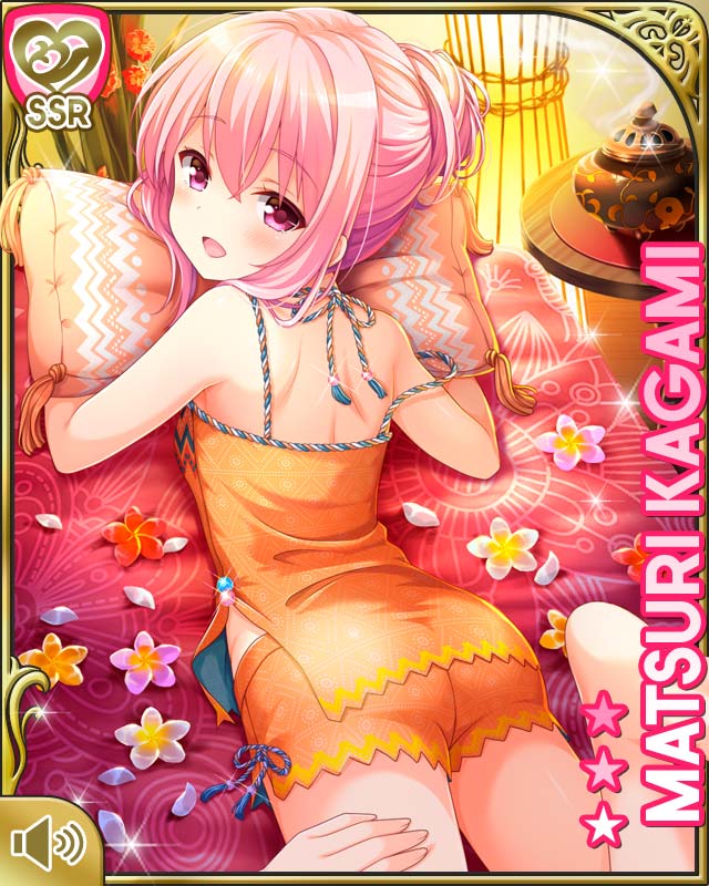 1girl 1other ass bed blush camisole character_name from_behind girlfriend_(kari) hair_bun hand_on_another's_thigh hands kagami_matsuri long_hair looking_at_viewer looking_back lying official_art on_stomach open_mouth orange_camisole orange_shorts pillow pink_eyes pink_hair qp:flapper short_shorts shorts smile strap_slip