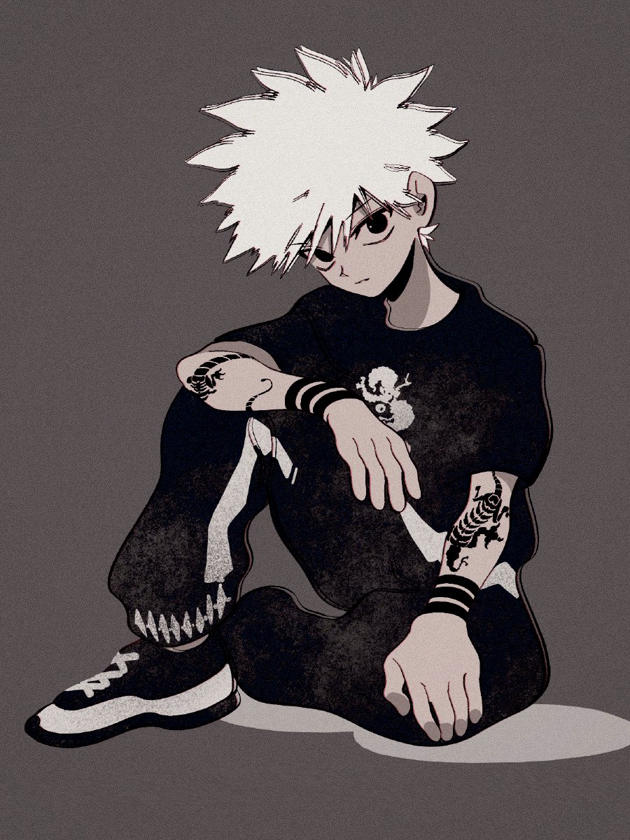 1boy black_eyes black_footwear black_pants black_shirt grey_background greyscale highres hunter_x_hunter killua_zoldyck looking_at_viewer monochrome pants print_shirt shirt shoes short_hair short_sleeves simple_background solo tattoo uzuta white_hair