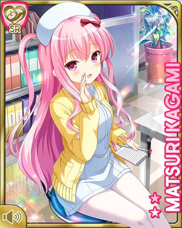 1girl blush bookshelf bow cardigan chair character_name dress girlfriend_(kari) hair_bow hand_to_own_mouth hat kagami_matsuri long_hair notepad nurse nurse_cap official_art open_mouth pantyhose pen pink_eyes pink_hair plant potted_plant qp:flapper ribbon short_dress sitting smile solo table two_side_up white_dress white_headwear white_legwear yellow_cardigan