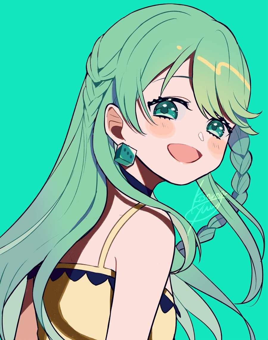 1girl blush braid camisole commentary_request dice dice_earrings dice_psycho green_background green_hair kisaragi_yuu_(fallen_sky) long_hair looking_at_viewer open_mouth saiko_clover shadow simple_background smile solo upper_body yellow_camisole