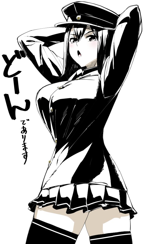 1girl akitsu_maru_(kantai_collection) arms_behind_head cowboy_shot greyscale hat ifuji_shinsen kantai_collection looking_at_viewer military military_uniform monochrome open_mouth peaked_cap pleated_skirt remodel_(kantai_collection) short_hair simple_background skirt solo standing thigh-highs translation_request uniform