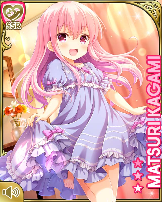 1girl barefoot blue_dress character_name child dress dress_lift feet girlfriend_(kari) indoors kagami_matsuri leg_lift lifted_by_self long_hair official_art open_mouth pink_eyes pink_hair qp:flapper smile solo standing standing_on_one_leg toes younger