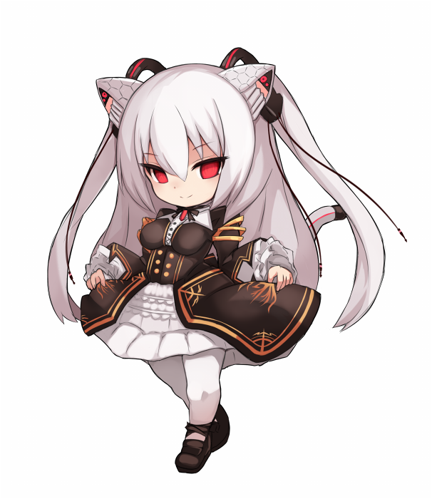 1girl animal_ears bangs black_dress black_footwear breasts cat_ears cat_girl cat_tail chibi closed_mouth dress eyebrows_visible_through_hair frilled_dress frills hair_between_eyes headgear karukan_(monjya) long_hair long_sleeves medium_breasts nora_cat nora_cat_channel pantyhose red_eyes shoes smile solo tail tail_raised two_side_up very_long_hair virtual_youtuber white_hair white_legwear wide_sleeves